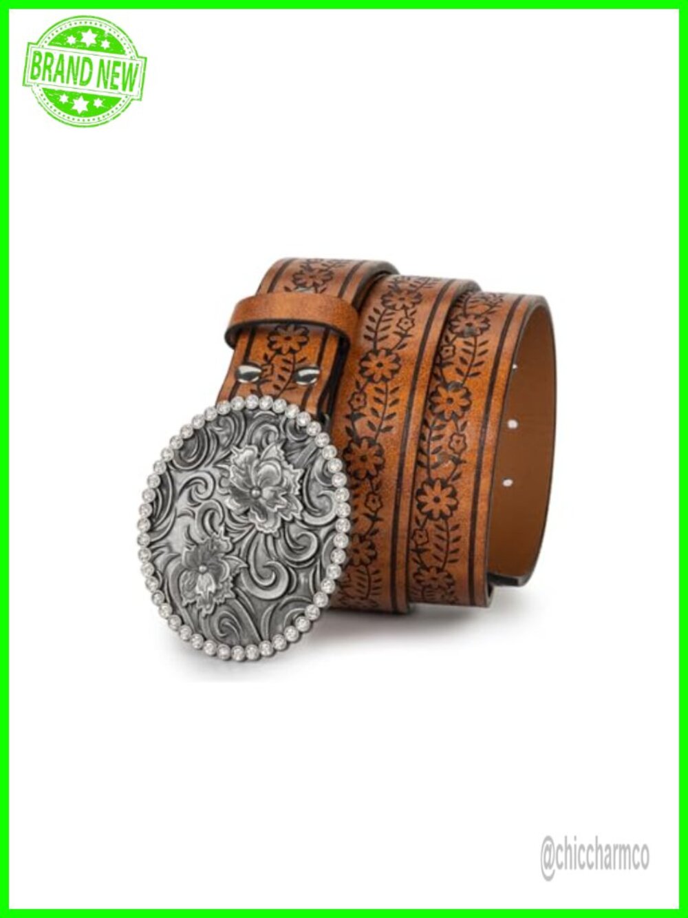 Western Belt Rhinestone Flower Buckle PU Leather Adjustable Women's Cowgirl Belt
